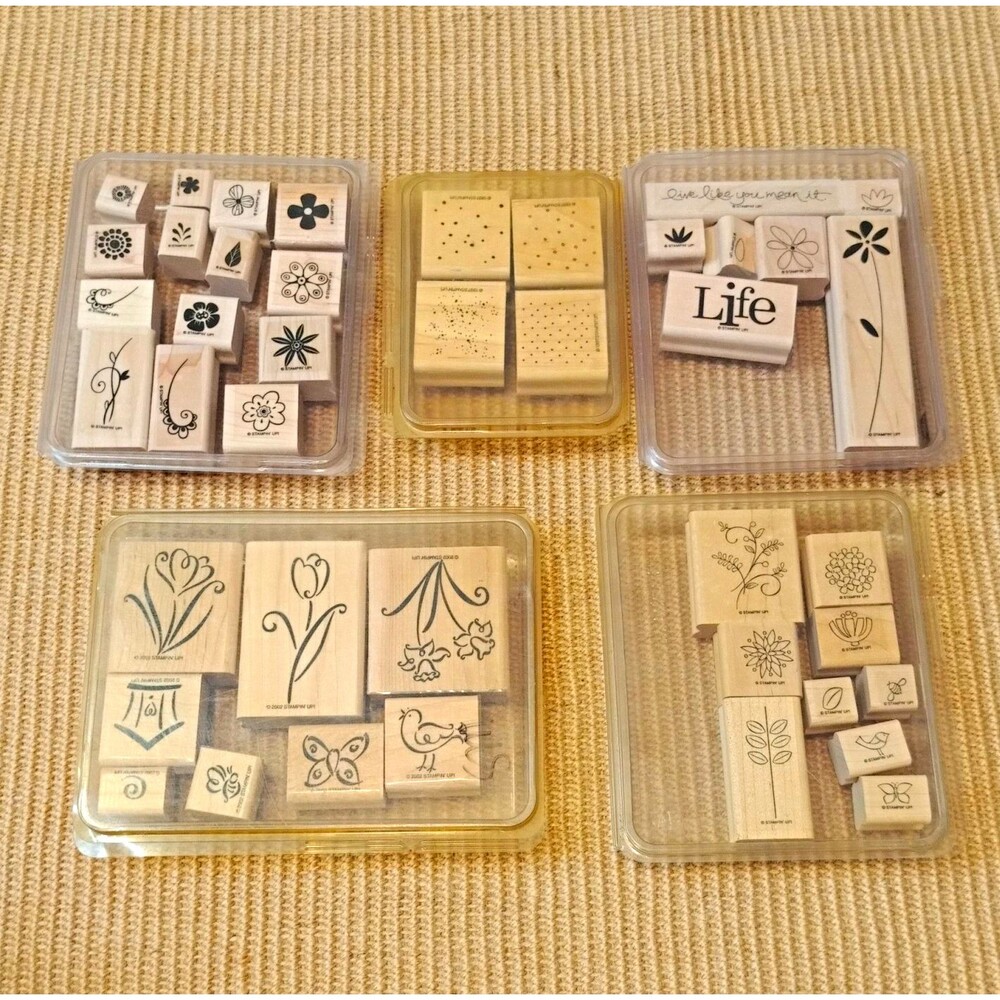 Stampin' Up! Lot of 5 Cases Mounted Wood Rubber Background Stamps Floral & Words